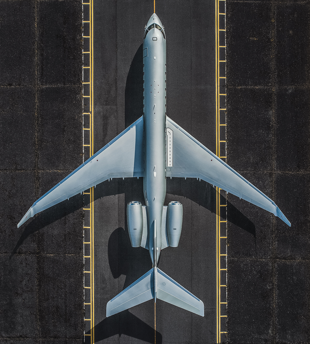 Birdseye view of Bombardier Global 7500 jet on tarmac